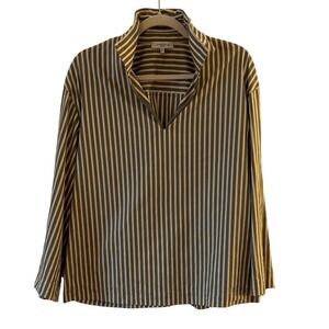 Lafayette 148 New York Olive Green Striped Cotton Popover Blouse Top Size M